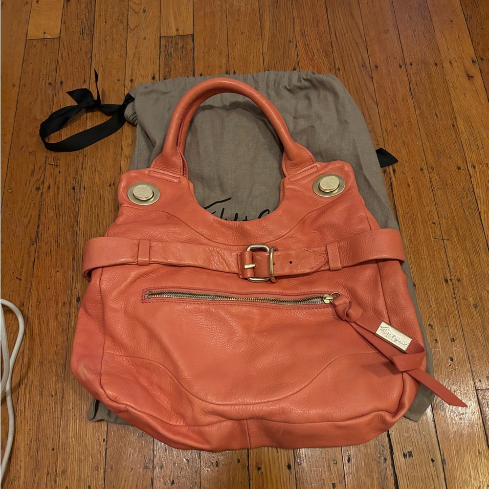 Coral Leather Tote with Gold Accents